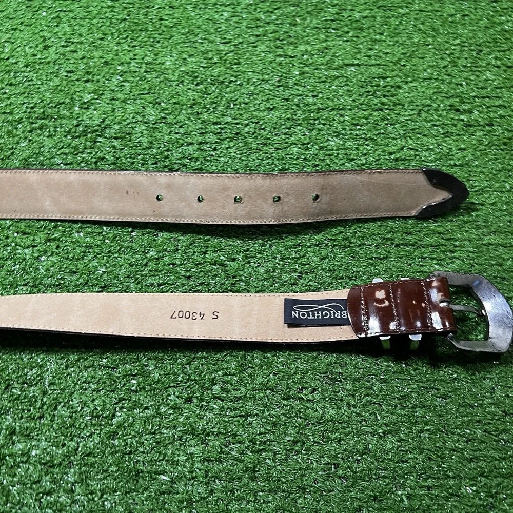 Vintage‎ BRIGHTON Belt Women's SM Brown LEATHER 90s SILVER Brass Buckle 27